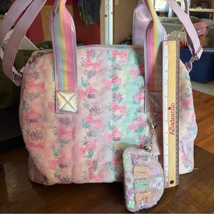 OMG Pastel Pink Quilted Bow Print Shoulder Bag with Rainbow Straps